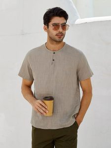 Áo sơ mi nam cổ tròn form boxy màu nâu phối layer