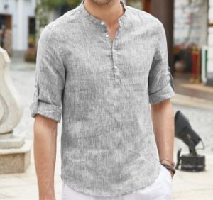 Áo sơ mi nam cổ tròn chất liệu linen màu xám